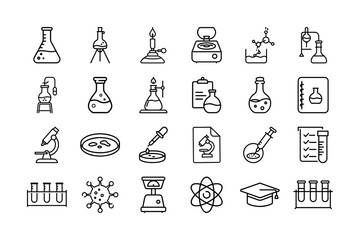 Science Research Vector Icon Set. Lab equipment, test tubes, microscopes, beakers, petri dishes, molecules, viruses, and more. Editable stroke. Vector illustration.