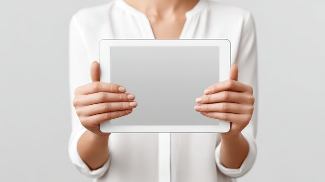 Woman holding tablet with blank screen, a versatile mockup for your digital needs