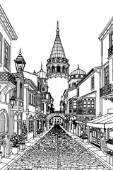 Obraz premium Istanbul, Turkey black and white coloring page for adults. Turkish city, cityscape, buildings, street view,, tower vector outline doodle sketch for anti stress color book