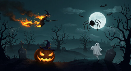 Fototapeta premium A witch flies on a fiery broomstick under the full moon, as a ghost, giant spider, and spooky pumpkin haunt a creepy graveyard filled with bare trees and tombstones.
