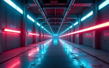 This is a retro-futuristic sci-fi hangar garage scene with neon lights, neon lasers, a glowing tunnel corridor with columns, and a concrete floor with metal columns in the background. High quality