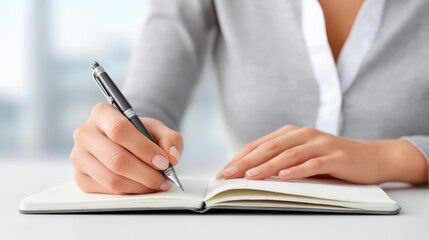 Woman focused on writing, capturing thoughts and ideas in a notebook with pen