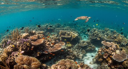 Obraz premium Underwater Coral Reef Scene with Fish and Turtle in Clear Ocean Water