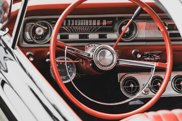 Steering wheel and Instrument panel of Classic retro car.