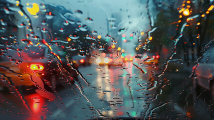 "Rain-soaked streets transforming traffic lights into liquid paintings