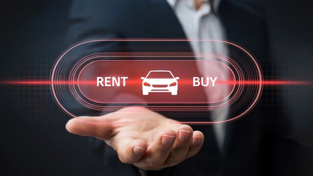 Businessman choosing between renting or buying a car with futuristic glowing interface