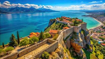 Nafplio's Palamidi Fortress: a breathtaking hilltop summer scene.  Rule of Thirds captures sea and sky.