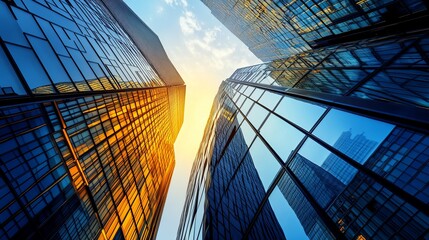 Low-angle view of modern skyscrapers reaching towards a partly cloudy sky