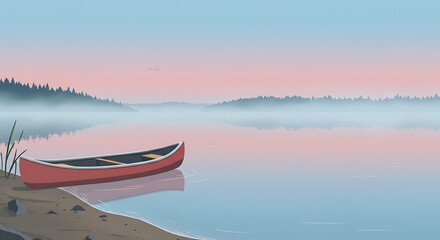 A red canoe rests on the shore of a misty lake at sunrise, a tranquil and peaceful nature landscape illustration for quiet contemplation. Lofi Background
