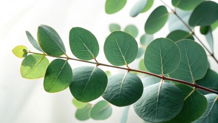 Close up of green eucalyptus leaves on a branch with soft light