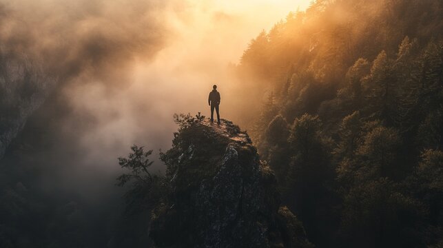 Solitary figure standing on a mountaintop shrouded in mist, bathed in the warm glow of the setting sun.