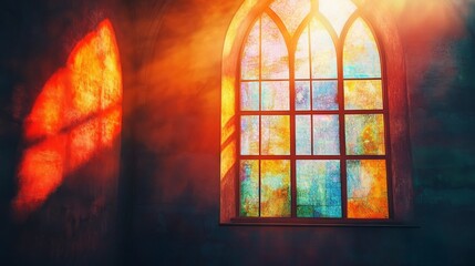 Sunlight shining through a stained glass window, casting a warm glow into a church interior