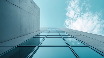 Obraz premium Modern building facade, looking up at glass windows and concrete