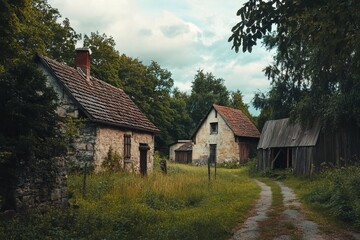 Obraz premium Old stone buildings nestled in a verdant forest, a path winds through the overgrown meadow