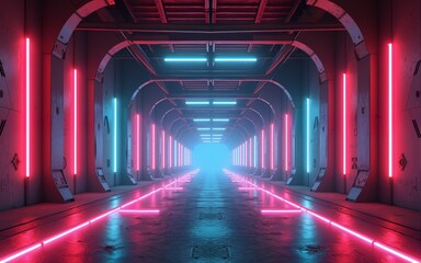 This is a retro-futuristic sci-fi hangar garage scene with neon lights, neon lasers, a glowing tunnel corridor with columns, and a concrete floor with metal columns in the background. High quality