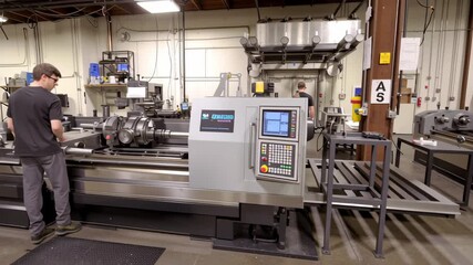 Industrial steel lathe machine operation factory setting showing advanced industry technology during trade war driving production - Powered by Adobe