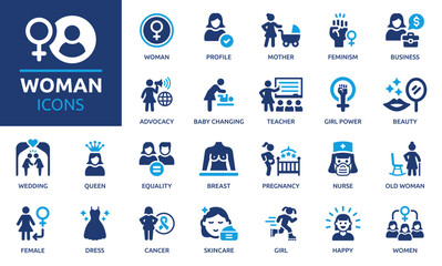 Woman icon set. Containing female, girl, mother, queen, women, beauty, dress, feminism and more. Solid vector icons collection.
