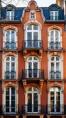 Naklejka premium Ornate terracotta facade with arched windows and balconies