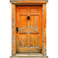 Weathered orange door, coastal setting, seaside town, background blurred. Home d?cor