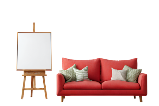 Minimalist Room Setup with Blank Canvas on Easel, Red Sofa with Decorative Cushions, and Pastel Mint Green Wall, Wide Angle Perspective, Isolated on Transparent Background