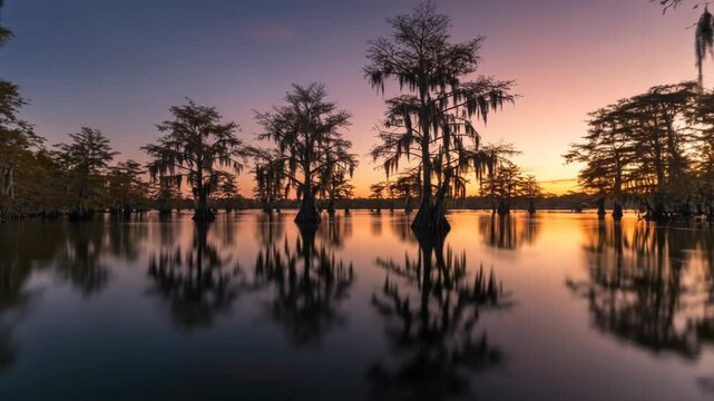 Serene Sunset Over Cypress Trees Reflecting in Water
