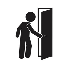Isolated illustration pic black pictogram man walk and open door with door handle, template design for safety do not enter, exit, way out, direction, indoor navigation
