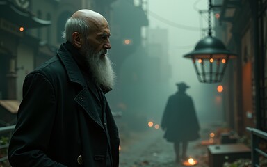 Steampunk horror scene with a old scientist. Artistic abstract steampunk fantasy. Dark steampunk concept. 3D rendering. High quality