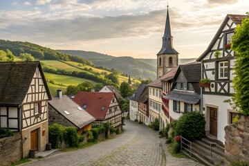 Charming german village street with historic half timbered houses and church tower