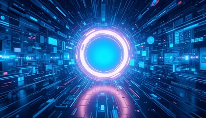 Wide Perspective Blue Background with Futuristic Glowing Circle and Hi-Tech Elements