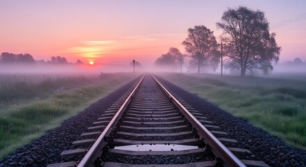 Fototapeta premium A serene sunrise over misty railway tracks stretching towards the horizon, with silhouetted trees lining the path.