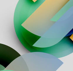 Abstract composition. Overlapping translucent shapes create soft gradients, blending green, blue, gold hues. Minimalist design, modern aesthetic.