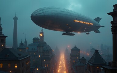 Fototapeta premium Futuristic airship over steampunk city with neon lights on a foggy night. High quality