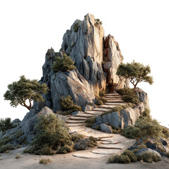 Stone stairway ascending a mountain peak at sunrise; nature background, inspirational concept