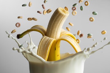 Banana cereal splash excitement with milk, a vibrant breakfast motion shot for healthy eating