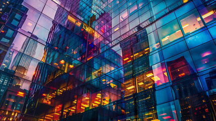 "Times Square neon chaos reflected in orderly window grid skyscraper 