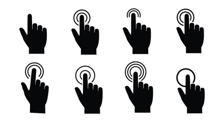 Set of Hand Cursor Icons with Touch or Click Actions in Silhouette