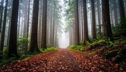 A leaf-covered path leads through a tall, foggy forest, disappearing into the mist.