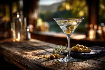 Elegant martini glass garnished with olives on rustic bar
