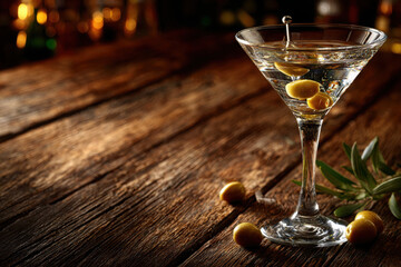 Elegant martini glass on wooden bar with olives and cocktail pick
