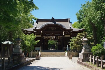 Fototapeta premium Traditional Japanese shrine gateway, lush greenery