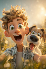 Boy Dog Friendship Joyful Smile Selfie Outdoors Whimsical Adventure Sunny Playful Moment Fur Youthful Cheerful Fun Nature Happy Vivid Innocent 
