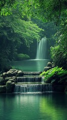 Tranquil waterfall cascading into a serene pool surrounded by lush green foliage