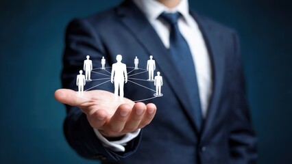 Professional businessman showcasing human network connection concept on his palm for global team building