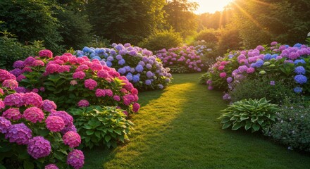 Hydrangea garden path sunset