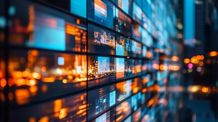 Obraz premium Wall of screens showing various images and videos