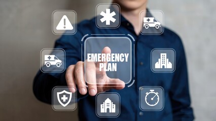 Man activates emergency plan interface with medical, safety, and security icons on digital screen