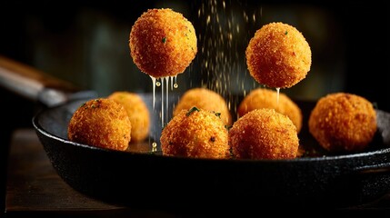 Golden fried spheres with herbs in a dark skillet, with seasoning sprinkling down on them