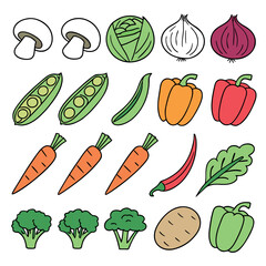 Cartoon mushrooms, cabbage, onion, peas, peppers, carrots, chili, leaf, broccoli, and potato are pictured
