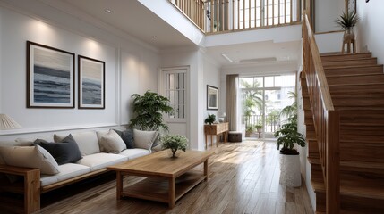 Farmhouse home interior design of modern living room with wooden staircase.
