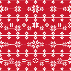 Christmas and New Year seamless pattern. White snowflakes and Christmas tree on red pixel pattern for winter hat,jumper,sweater, wrapping,fabric,border,rim,carpets, blankets, towels.	